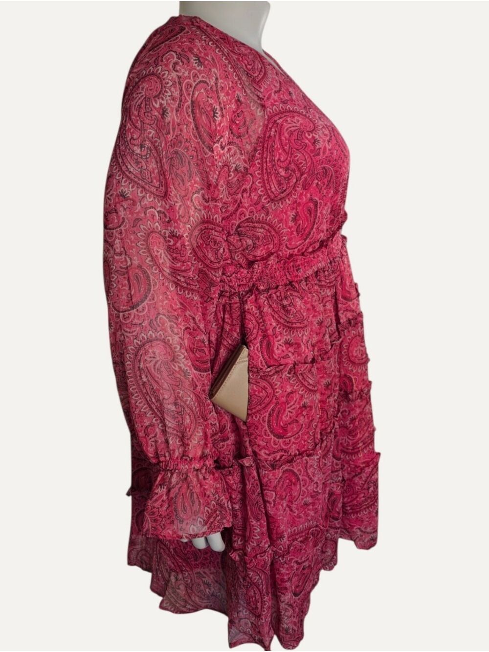 Torrid 1X Pink Paisley Lurex Chiffon Tiered Mini Dress NWT - Picture 4 of 10